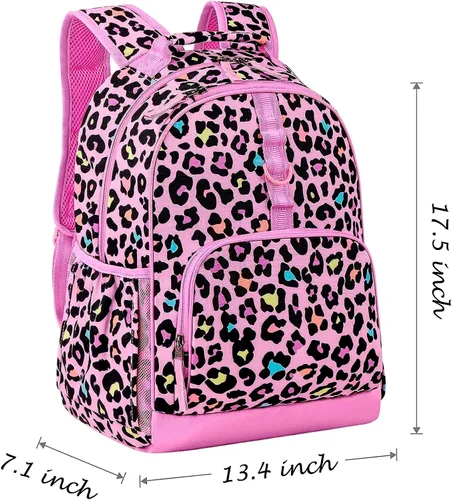 Vista 2 de Choco Mocha Mochila de escuela primaria de 17 pulgadas para niños, rosa (Leopard-pink)