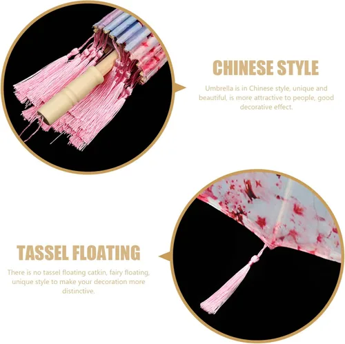 Vista 8 de Homoyoyo Sombrilla de tela con patrón de flores, sombrilla de tela de seda japonesa china con bolsa de borlas, kimono Hanfu, suministros de disfraz