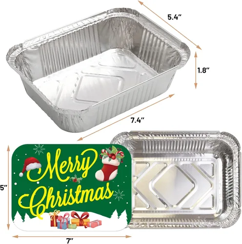 Vista 2 de WorldBazaar Recipientes de aluminio de Navidad con tapas, 36 latas de papel de aluminio desechables de Navidad, recipientes rectangulares