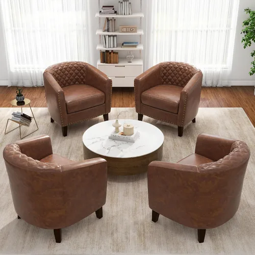 Vista 25 de Pia Ricco Silla de Acento Tipo Barril de Cuero Sintético, Silla de Club Moderna con Brazos, Cómoda Silla Individual Tapizada con Patas de Madera
