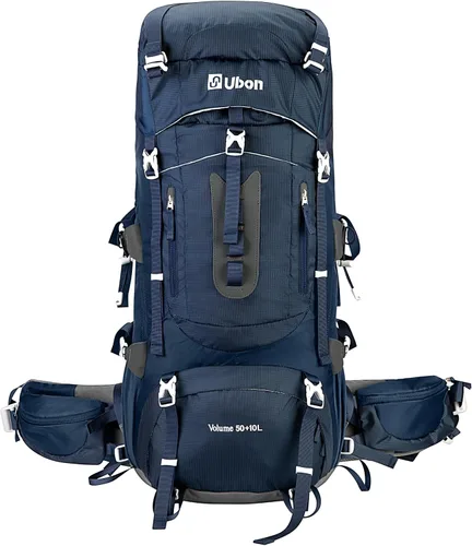 Vista 9 de Ubon Mochila de senderismo con marco interno de 50/60 L, mochila de camping para hombres y mujeres con cubierta de lluvia verde (60L-Green)