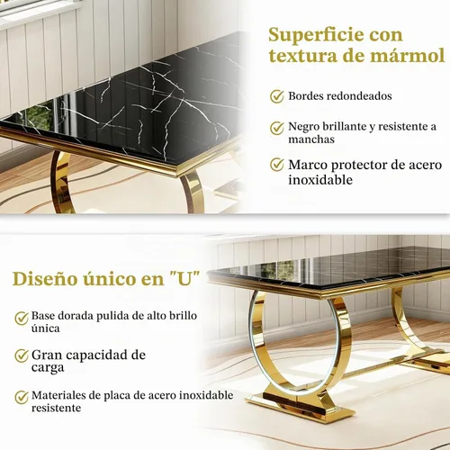 Vista 3 de ACEDÉCOR Mesa de comedor negra y dorada de 70 pulgadas, parte superior de Mesa negra con base circular dorada