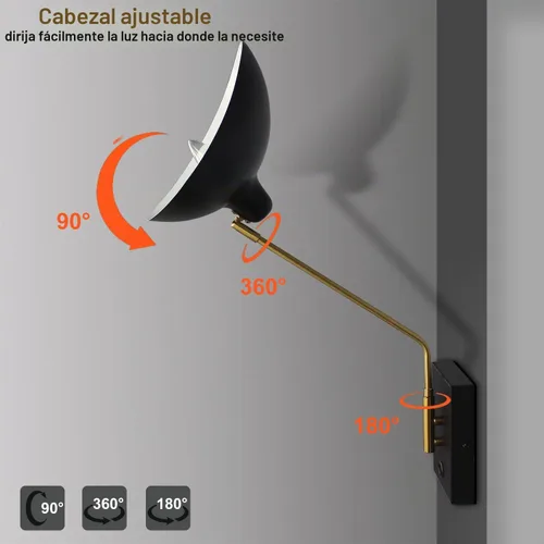 Vista 2 de CLAXY - Apliques de pared enchufables con brazo oscilante, color negro mate