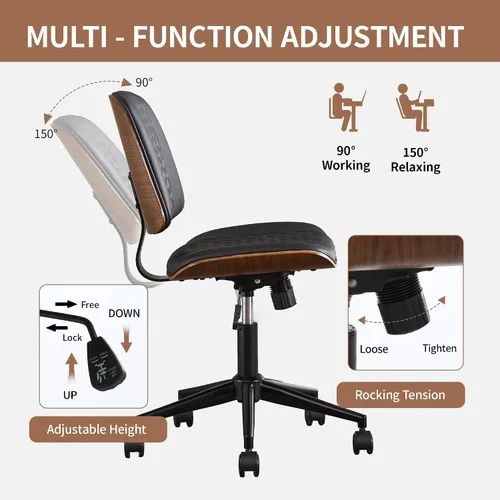 Vista 4 de Silla de escritorio de oficina con ruedas sin brazos, silla de computadora Negro