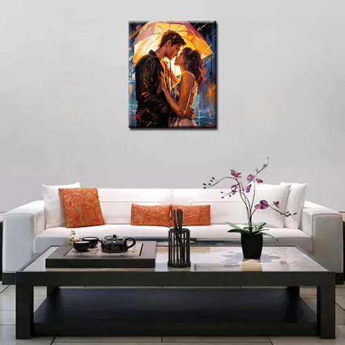 Vista 4 de Kits de pintura romántica por números para parejas con pinceles y pigmento acrílico sobre lienzo para adultos, niños y niñas bajo un paraguas