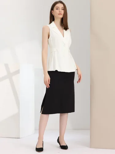Vista 4 de Allegra K Chaleco para mujer, cuello de solapa, espalda cruzada, plisado, sin mangas, chaqueta
