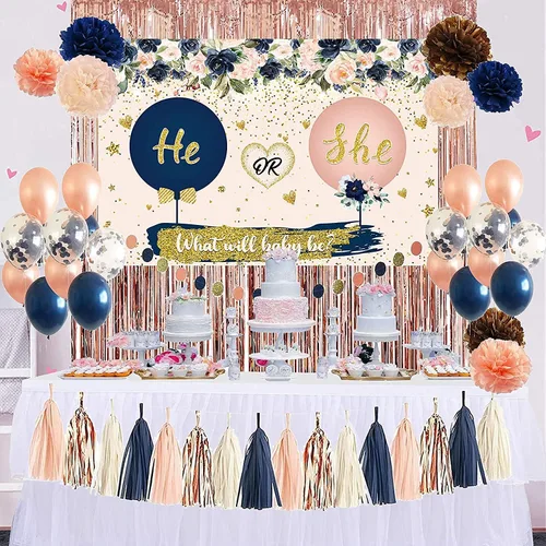 Vista 7 de Decoraciones de baby shower para niña, globos de baby shower con temática floral, letrero de fondo para fiesta de revelación de género