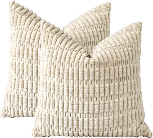 Vista 9 de OTOSTAR - Paquete de 2 fundas de almohada decorativas de pana suave de 18 x 18 pulgadas, funda de cojín a rayas estilo bohemio para sofá, cama, sala