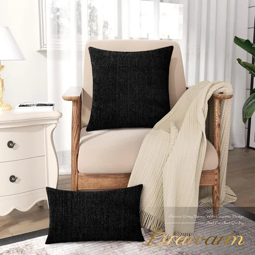 Vista 6 de BRAWARM Fundas de almohada 40x40 cm - Paquete de 2 fundas de almohada de chenilla negra, fundas de almohada de chenilla suave teñida sólida