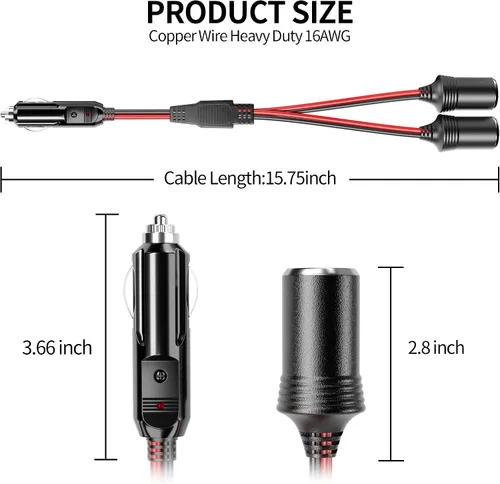 Vista 2 de Energeaster Divisor de encendedor de cigarrillos de coche de 16 pulgadas de 1 a 2 con luz LED, enchufe de 12 V 24 V, divisor de 2 vías Y, cable