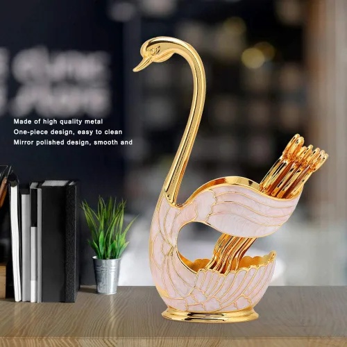 Vista 8 de Juego de cucharas de postre de café, elegante estante de almacenamiento de cucharas con forma de cisne, cucharas de postre de metal sólido