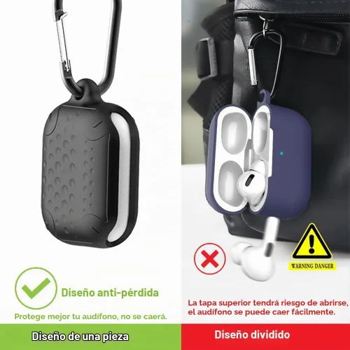 Vista 5 de Funda impermeable para AirPods Pro de 2ª generación, funda protectora de silicona antipérdida, carga inalámbrica y LED visible, con mosquetón