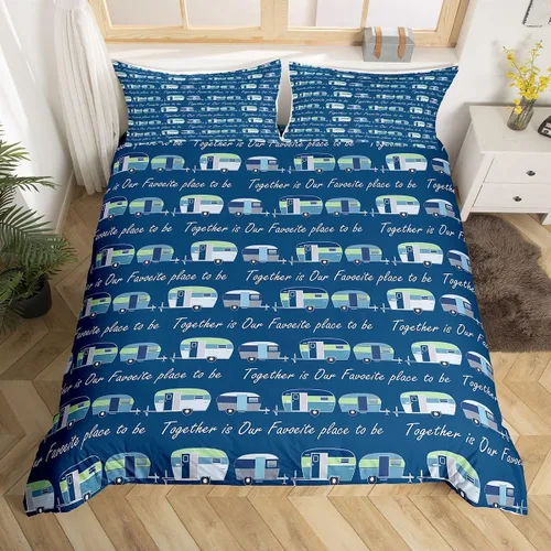 Vista 23 de Erosebridal Juego de funda de edredón de cabaña de cabaña, ropa de cama individual para niños, funda de edredón de campamento feliz, ropa de cama