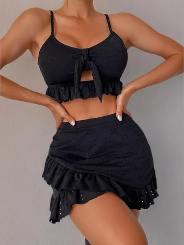 Vista 7 de FlatterMe Conjuntos de tankinis para mujer, traje de baño de bikini con nudo frontal y dobladillo con volantes