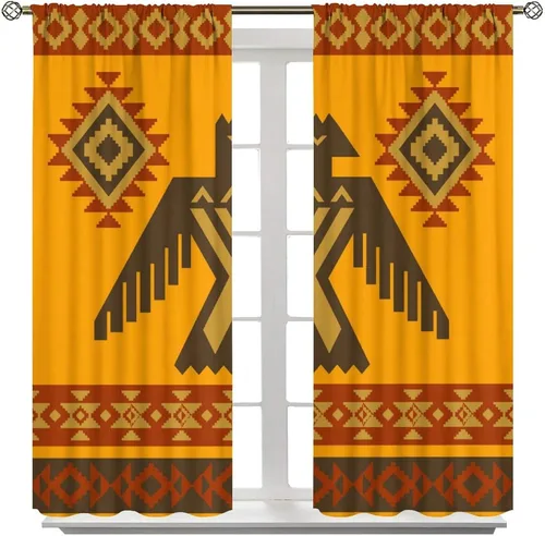 Vista 187 de Cortinas con patrón geométrico tribal, estilo suroeste, azteca, rústico, occidental, nativo americano, opacas, con bolsillo para barra, decoración