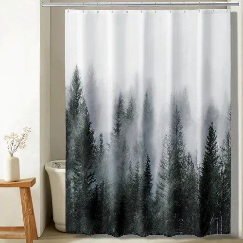 Vista 7 de ORTIGIA 36x72 Cortina de ducha de bosque nebuloso para baño pequeño, cortina de ducha estrecha de naturaleza y bosque en blanco y negro con ganchos
