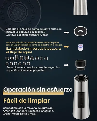 Vista 9 de J-HVA Repuesto de cabezal de grifo de cocina de metal, cabezal rociador desplegable con 15 adaptadores, 2 modos de repuesto de cabezal de rociador
