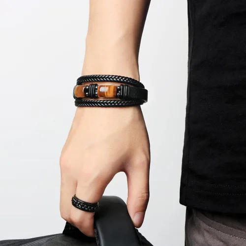 Vista 3 de Pulseras de cuero de ojo de tigre para hijo, marido, nieto, novio a mi hombre, joyería para hermano papá, 7.58.59 pulgadas