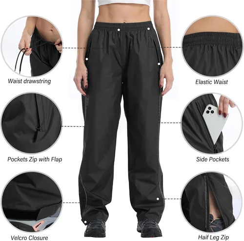 Vista 2 de Pantalones de lluvia para mujer, impermeables, ligeros, transpirables, senderismo, ciclismo, al aire libre, con bolsillo