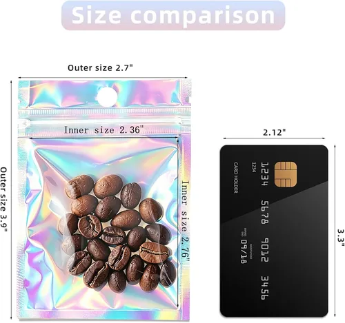 Vista 2 de 100 bolsas de embalaje holográficas, bolsa de papel de aluminio resellable de 2.7x3.9 pulgadas, bolsa de muestra de Mylar ideal para pequeños