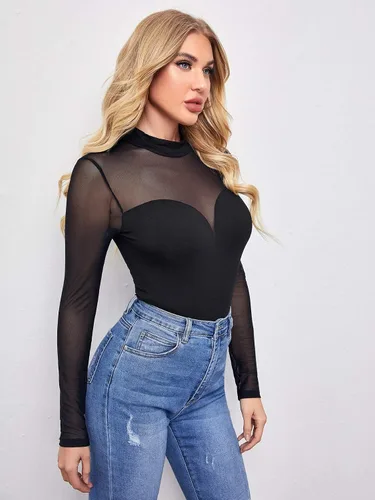 Vista 4 de Verdusa Body ajustado de malla transparente de manga larga con cuello alto falso para mujer