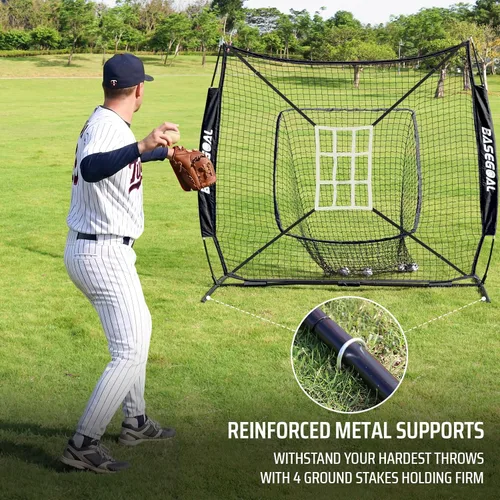 Vista 5 de BaseGoal Red de práctica de sóftbol de béisbol de 7 x 7 pies, respaldo de béisbol, con camiseta de bateo, para golpear lanzar, batear, atrapar