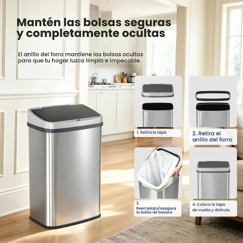 Vista 7 de Ninestars DZT-50-28BR - Bote de basura rectangular con sensor de movimiento automático sin contacto, parte superior negra, 13 galones, 49 L, cepillo