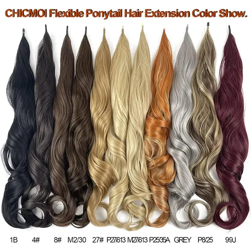 Vista 4 de Chicmoi Extensión de Cola de Caballo Negra de 32 Pulgadas Flexible, Envolvente, Extensiones de Cabello Ondulado Largo para Mujeres y Niñas, Cabello