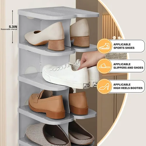 Vista 7 de Zapatero grueso de 6 niveles, organizador de zapatos de combinación gratuita para armario, torre de zapatos independiente, estante ajustable Gris