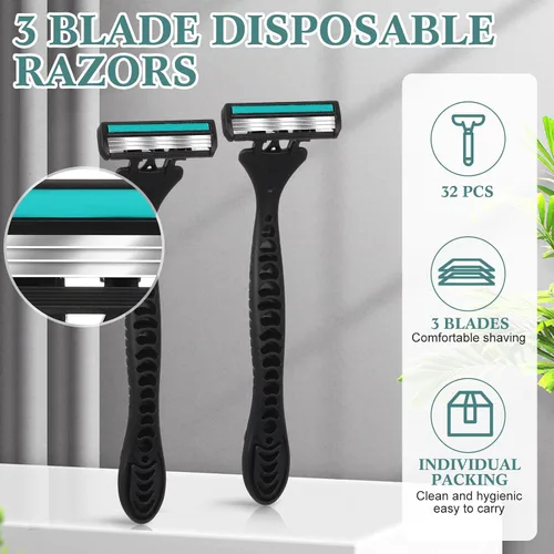 Vista 2 de 32 maquinillas de afeitar desechables para hombre a granel de 3 cuchillas para piel sensible, cómoda graduación Día del Padre