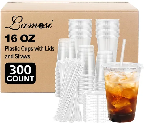 Vista 9 de Lamosi Paquete de 100 vasos de plástico transparente de 12 onzas con tapas y pajitas, tazas desechables para café helado con tapas para bebidas
