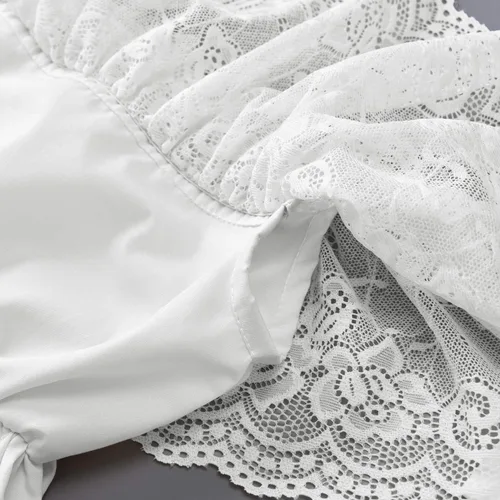 Vista 6 de fioukiay Vestido de princesa para niña pequeña bohemio hombros descubiertos encaje volantes vestidos de vacaciones Marfil blanco vino