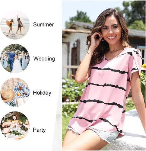 Vista 4 de HOTGIFT - Blusas de verano con volantes de gasa de manga corta para mujeres, camisetas sueltas y cómodas