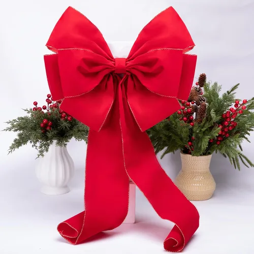 Vista 3 de Iceyyyy 2 lazos grandes de Navidad, 35.4 x 17.1 pulgadas, lazos de terciopelo rojo con bordes dorados, adornos para decoración de árbol de Navidad