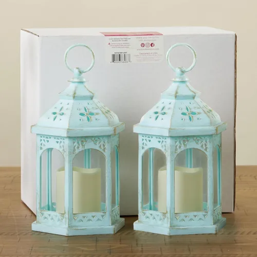 Vista 5 de Kate Aspen Linterna LED azul hexagonal envejecida (juego de 2) – Decoración rústica para el hogar, linterna de decoración de estantes, hexagonal