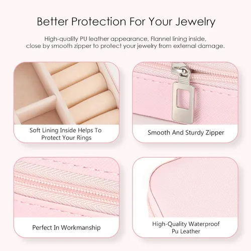 Vista 4 de Souarts Joyero de viaje, caja de joyería pequeña de PU y organizador, estuche de joyería de viaje rosa para mujeres y niñas, anillo organizador