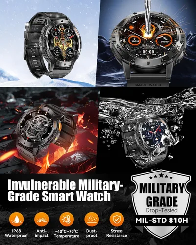 Vista 8 de Relojes inteligentes militares para hombre con llamada Bluetooth, reloj inteligente AMOLED impermeable de 1.43 pulgadas con linterna, 111 modos