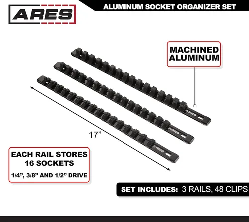 Vista 2 de ARES 70087-Organizador de enchufes de aluminio de 3 piezas, rieles de transmisión de 1/4 pulgadas, 3/8 pulgadas y 1/2 pulgadas con capacidad para 48