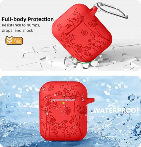 Vista 3 de Lerobo - Funda con grabado de flores para carcasa de AirPod, protector de silicona suave y elegante con llavero compatible con carcasa de carga