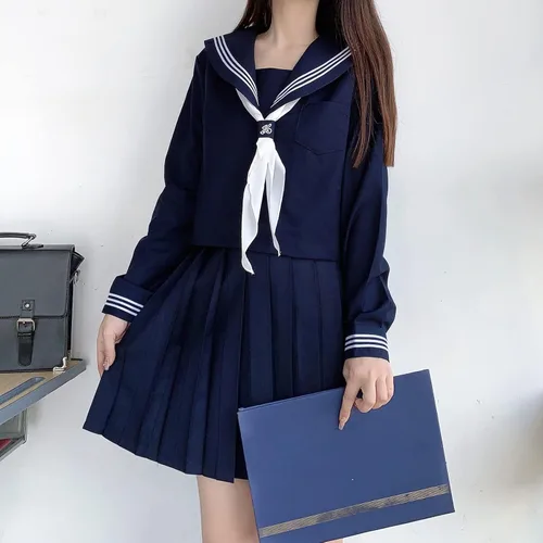 Vista 4 de RESSE Falda plisada japonesa, uniforme escolar, uniforme de marinero JK, uniforme de niñas, disfraz de anime de manga larga