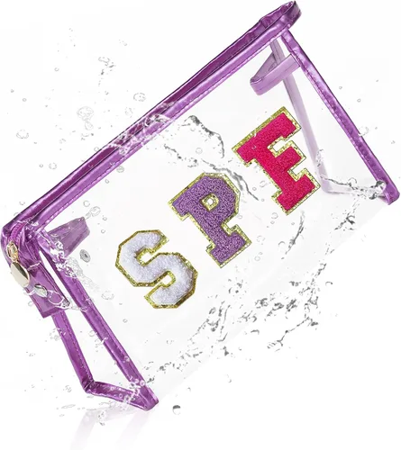 Vista 9 de COSHAYSOO Bolsa de Maquillaje Transparente con Protección Solar, Bolsa de Protector Solar con Parches de Letras, Accesorios Esenciales de Playa