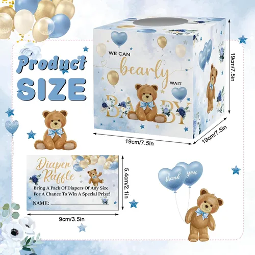 Vista 4 de skuhyyg 50 boletos para rifas de pañales con caja de juego para baby shower, oso azul, oso rosa, letrero de sorteo de pañales, con texto en inglés