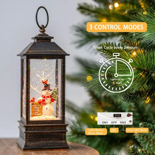 Vista 4 de Globo de nieve de Navidad con agua brillante de muñeco de nieve con música y temporizador, linterna iluminada con pilas para regalos de decoración
