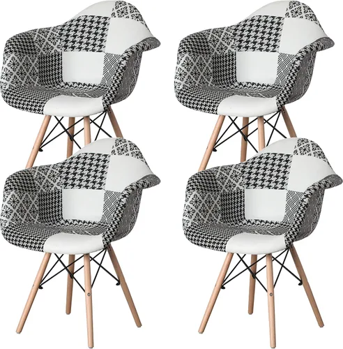 Vista 9 de Mid-Century - Juego de 2 sillas de tela moderna con brazos para sala de estar, patas de madera de haya, color blanco y negro