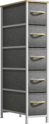 Vista 12 de Sorbus Cómoda estrecha con 4 cajones - cómoda de almacenamiento vertical delgada con marco de acero, parte superior de madera y contenedores de tela