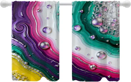 Vista 19 de Shrahala Blue Bright Blackout Curtain Tiers, Colorful Acrylic Paint Pour Abstract Design Kitchen Valance Light Blocking Tier Drapes with Rod Pocket