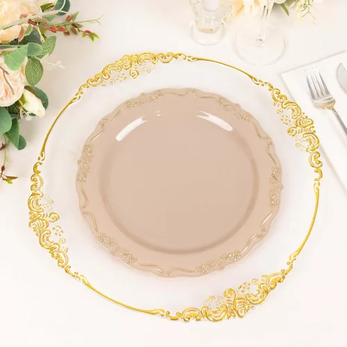 Vista 14 de Efavormart - Paquete de 10 platos desechables de 7 pulgadas transparentes con borde vintage burdeos, elegantes platos de postre de plástico
