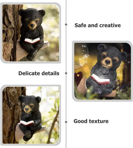 Vista 3 de HOMSFOU Escultura de árbol de estatua de oso con luz solar, divertida lámpara de libro de lectura de oso para césped, patio, patio trasero