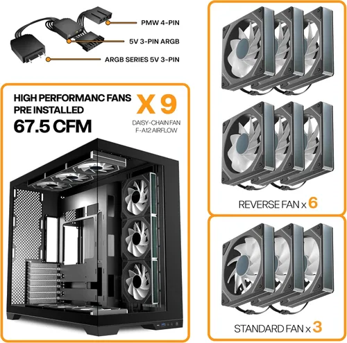 Vista 12 de PC CASE 9 PWM ARGB Ventiladores preinstalados, funda de PC para juegos de media torre, carcasa panorámica de vidrio templado para computadora