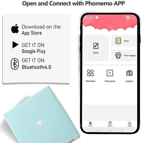 Vista 2 de Phomemo M02 Mini impresora térmica Bluetooth con 3 rollos de papel adhesivo colorido, compatible con iOS + Android para diario de planos, notas